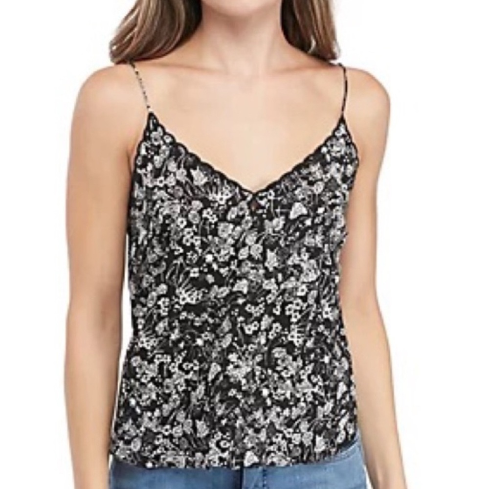 Intimately Free People Black Kora Floral Printed Cami Tank XS Scalloped Neck